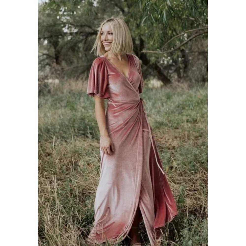 Boutique+ Rose Gold Velvet Wrap‎ Maxi Dress Flutter Sleeve V-Neck Plus Size 2X